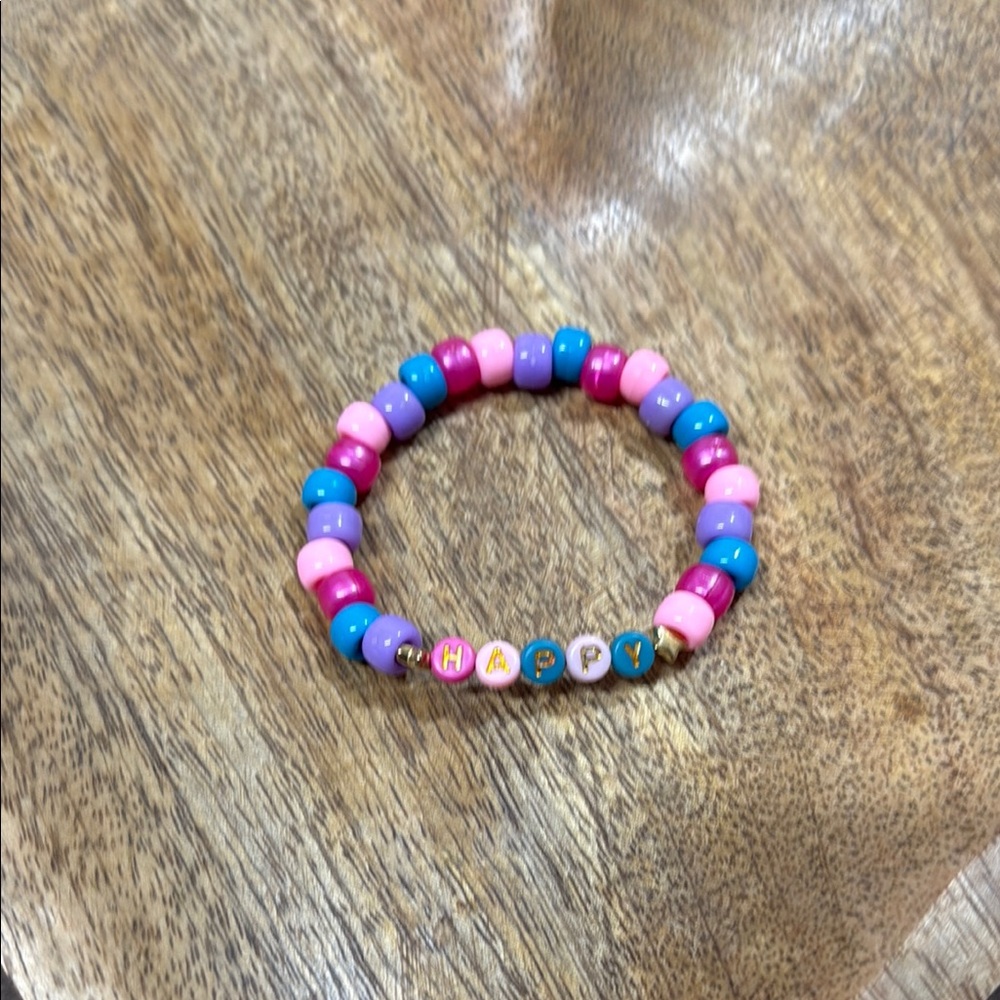 Handmade Happy Pink Blue Purple Beaded Stretch Bracelet Kids Friendship